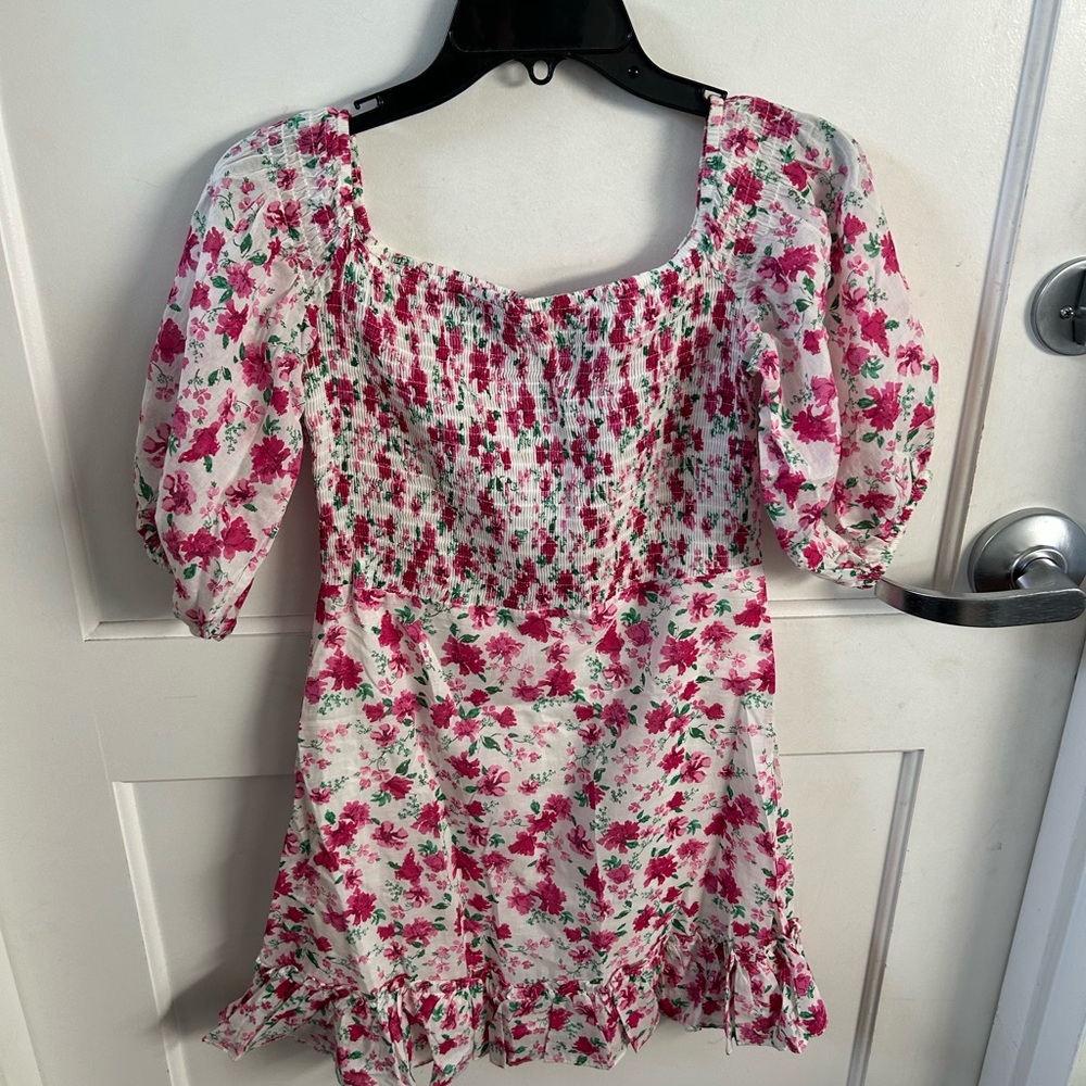 Olivaceous White Dress with Pink Floral and Green Leaf Print